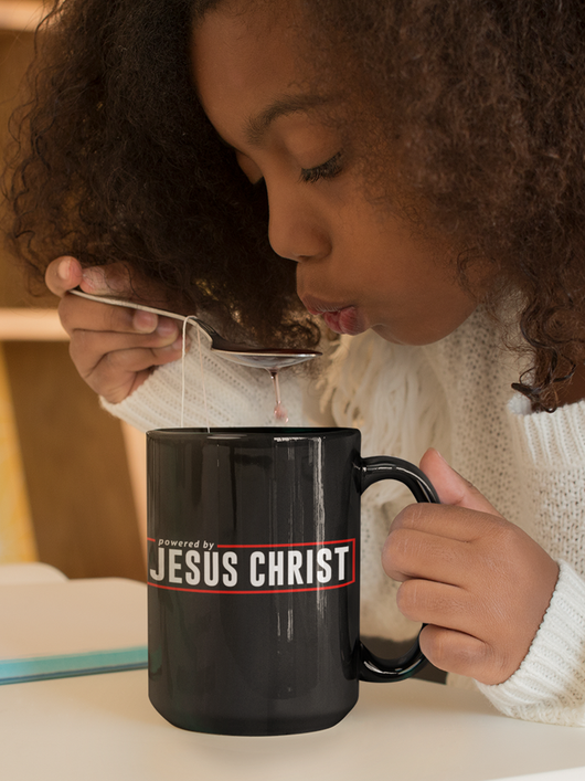 Powered by Jesus Christ - Black Mug 15oz